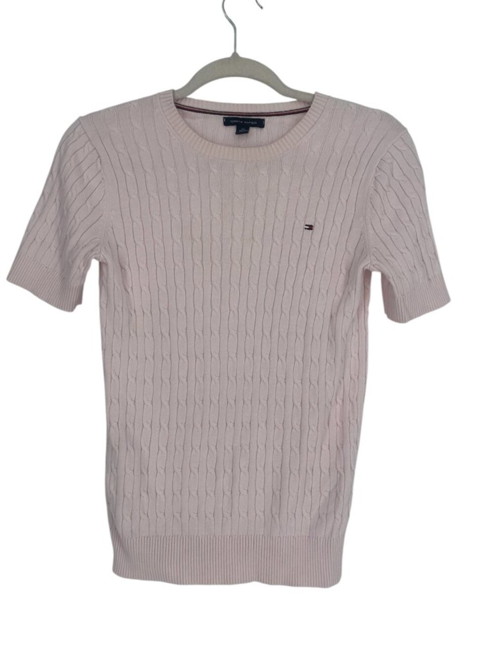 Tommy Hilfiger Pink Cable Knit Sweater XS Short Sleeve Cotton Crew Neck Classic